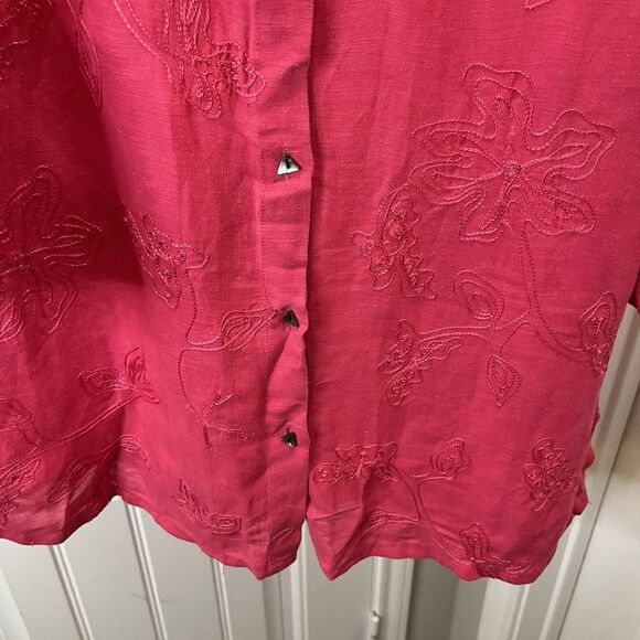 Marsh Landing Pink Floral Embroidered Linen Blend Button Up Top Womens Size L - Picture 3 of 13
